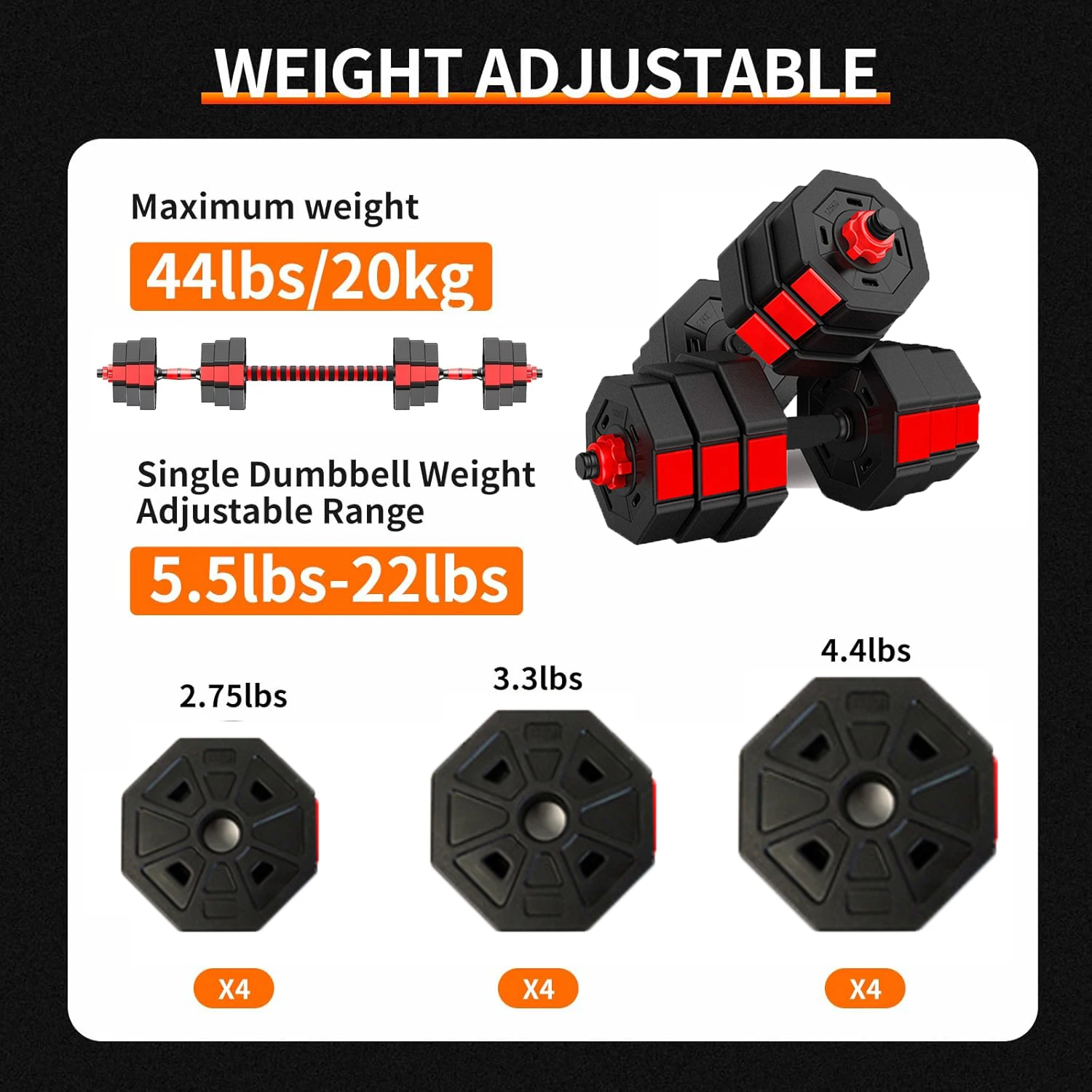 Adjustable Dumbbell to Barbell Fitness Set – 44lbs Anti-Slip Grip, 3-in-1 Home Gym Strength Training Barbell Weight Set - Image 4