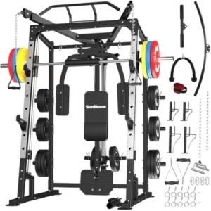 Home gym Smith machine power cage squat rack with Smith bar, LAT pull-down system, cable crossover, and attachments steel, blac
