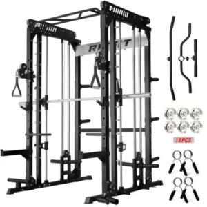 Home gym squat rack power cage with M1 Pro Smith machine and cable crossover system, steel construction, black finish, space-sa