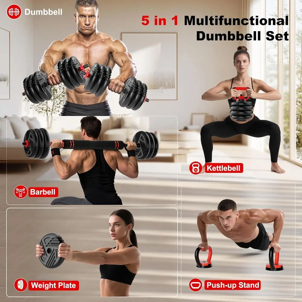 5 In 1 Adjustable Dumbbell Set Convert To Barbell Kettlebell 10 20 30 45 70 90LBS Home Gym Men Women Strength Training Weights - Image 2