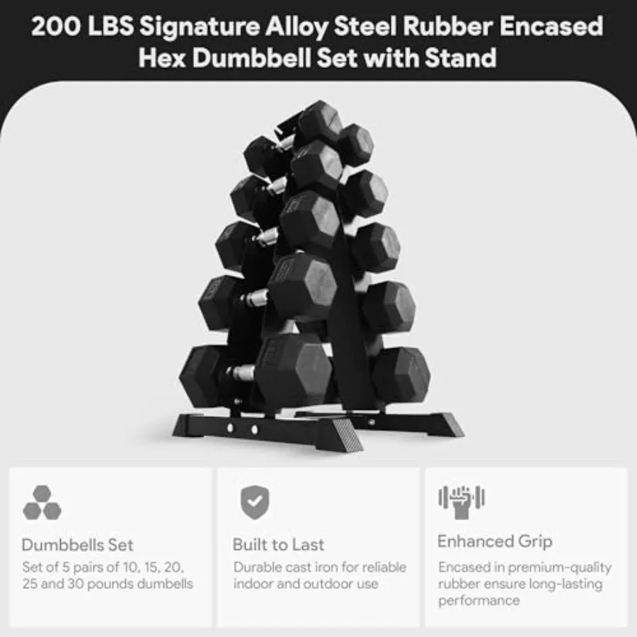 Rubber Coated Hex Dumbbell Set with A-Frame Rack Black Solid Cast Iron Home Gym Weights with Chrome Handles for Full-Body Stren - Image 3