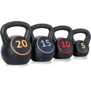 Home gym kettlebell sets: cast iron, black, 4-piece 5lb/10lb/15lb/20lb for full-body strength training and dumbbell-style exerc