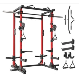 Home gym squat rack, steel, black, 5-in-1 heavy-duty Smith machine with cable crossover and dual 1:1 pulley system for full-bod