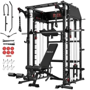 Home gym Smith machine: steel, black, multi-function power cage with dual pulley system, vertical leg press squat rack attachme