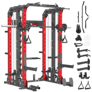 Home gym cage with Smith machine, 2600LBS capacity, 7-in-1 functionality, adjustable safety bars, pull-up and LAT pulldown, ste
