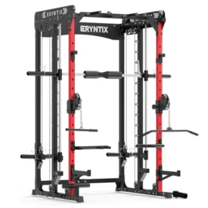 Home gym power rack with Smith machine, 2600 LBS capacity, red heavy-duty steel, all-in-one cable crossover and squat station