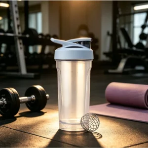 Strada Shaker Bottle, 28 oz, Tritan Plastic, Leakproof Flip Cap, Wire Whisk Ball, BPA-Free, Clear/Blue