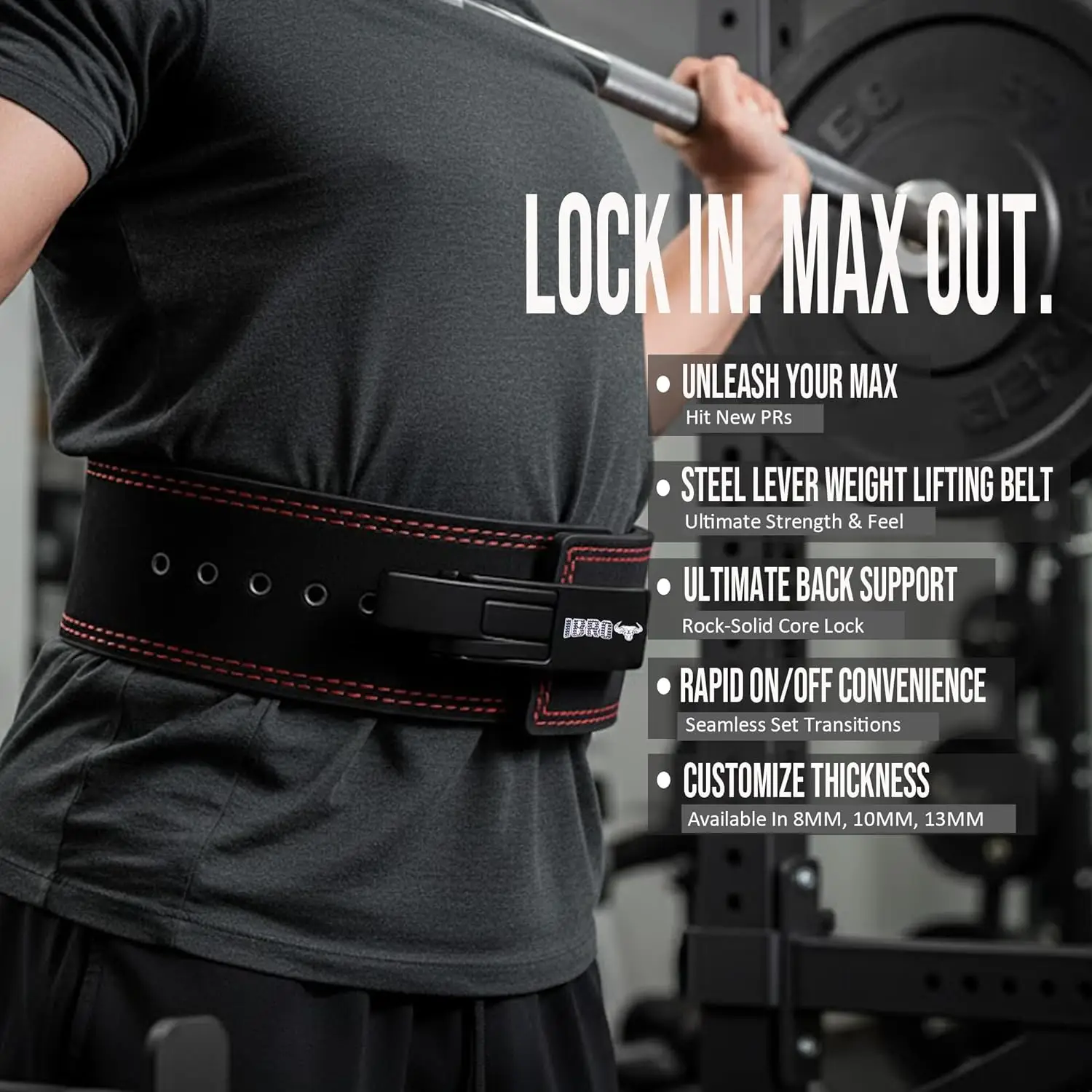 Black Genuine Leather Powerlifting Lever Gym Belt, 8MM, 10MM or 13MM, Extreme Heavy Duty, for Men's Bodybuilding - Image 3