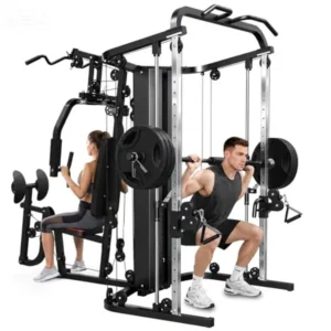 Home gym workout station with steel frame, black finish, multifunctional Smith machine, 138LB weight stack, leg press and LAT s