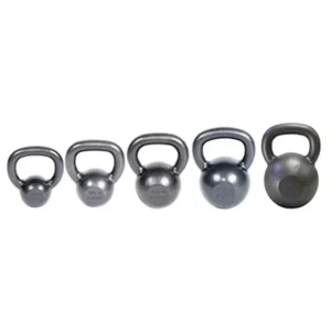 Home workout kettlebell set in cast iron with black finish, includes 10/20/30/40/50lb weights and instructional DVD