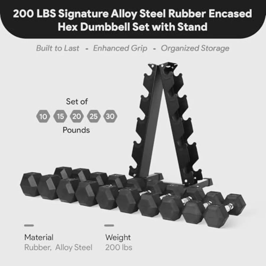 Rubber Coated Hex Dumbbell Set with A-Frame Rack Black Solid Cast Iron Home Gym Weights with Chrome Handles for Full-Body Stren - Image 2