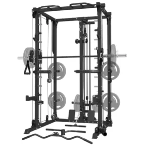 Home gym power cage with steel frame, black finish, all-in-one Smith machine, dual cable crossover, LAT pulldown, and weight st