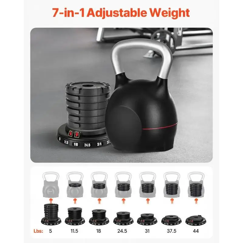 Kettlebell, Adjustable Kettlebell with 7 Weight Levels (5, 11.5, 18, 24.5, 31, 37.5, 44 lbs), Die-Cast Aluminum and ABS Material, for Grip Strength Training, Full-body Workout & Cross-Training - Image 7
